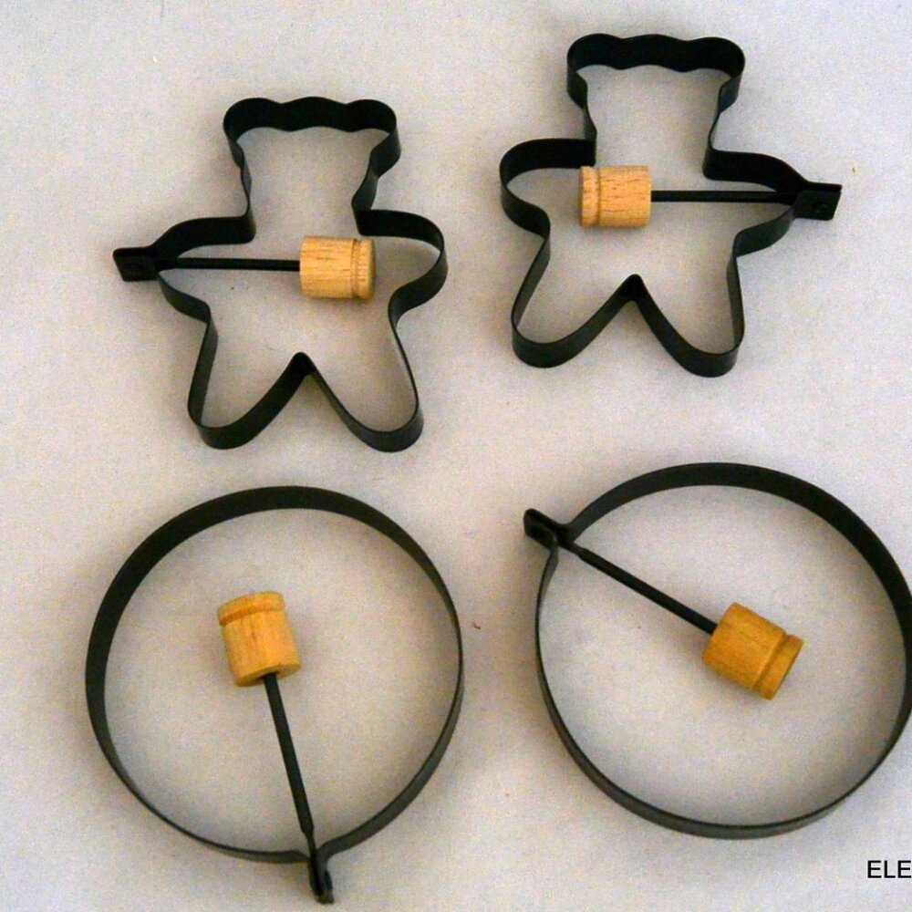 Kids Pancake Egg Molds Teddy Bear Metal Circle Ring Shaper SET of 4 Wood Handle